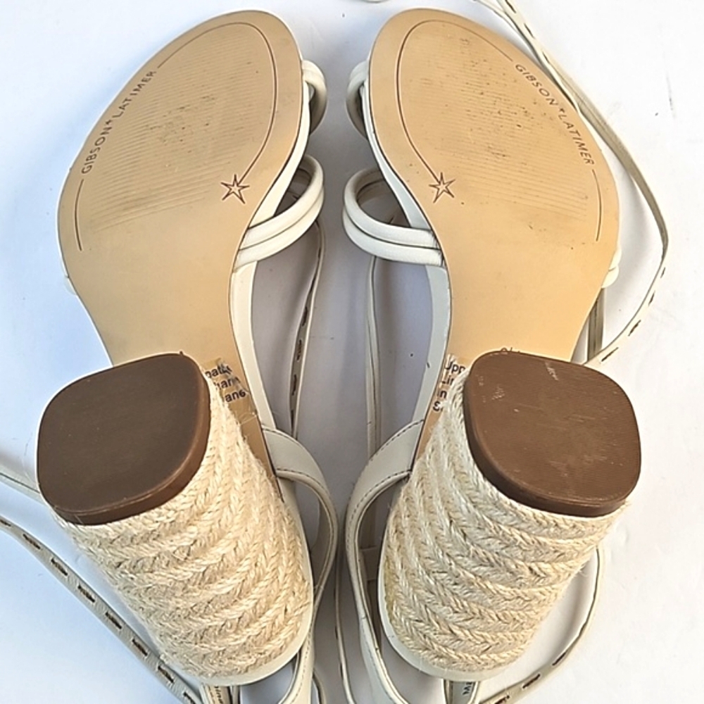 Gibson Latimer Tasha Sheep Leather Cream Open Toe Ankle Wrap Block Heel Sandal - Picture 13 of 16